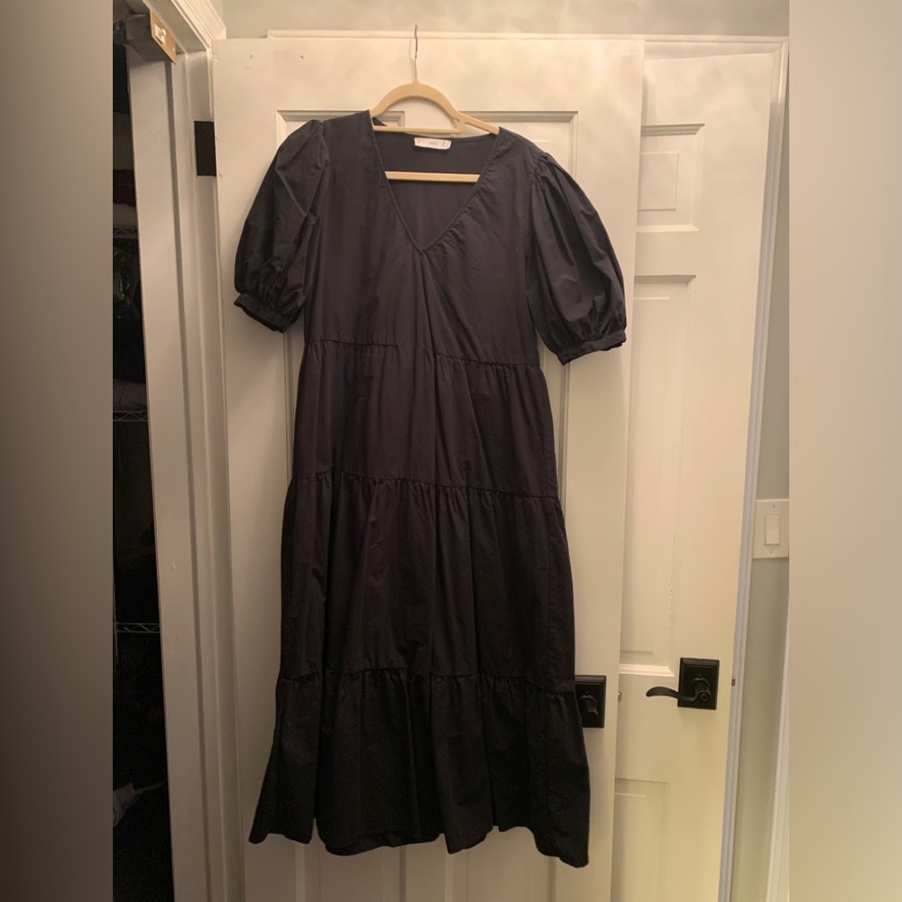 Mango Black Puff Short Sleeve Poplin Maxi Dress Size S